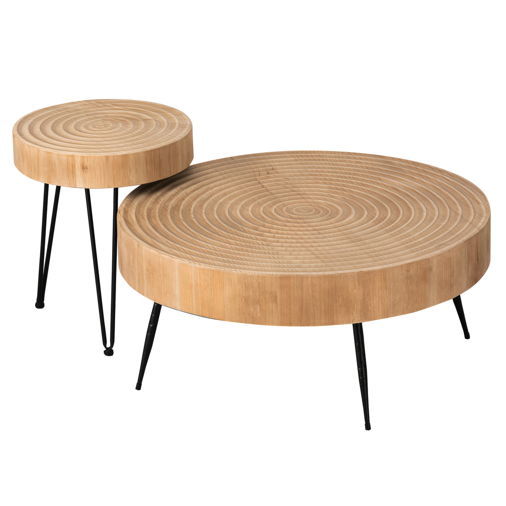 Farmhouse 2pcs Modern Coffee Table Set, Nesting Table Round Natural Finish with Handcrafted Wood Ring Motif, Patio Furniture, Garden Decor, Rustic Design, Farmhouse Style, Durable Wood, Solid Build, Accent Tables, Side Tables