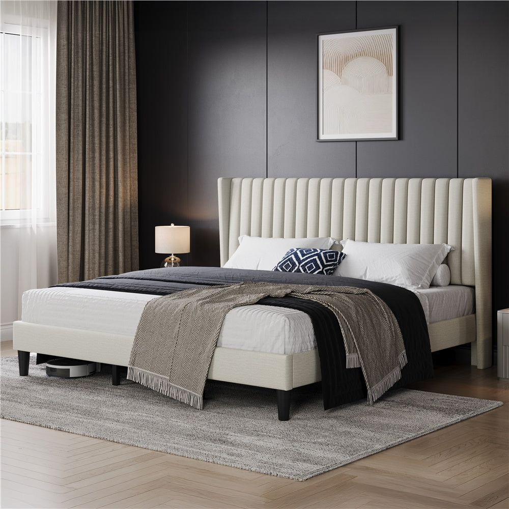 Costoffs Upholstered Bed Frame Full/Queen/King Size, Winged Headboard, Non-Slip, Noiseless, Wooden Slats, Bedroom Furniture, Easy Setup, No Box Spring Required, Installation Guide Included