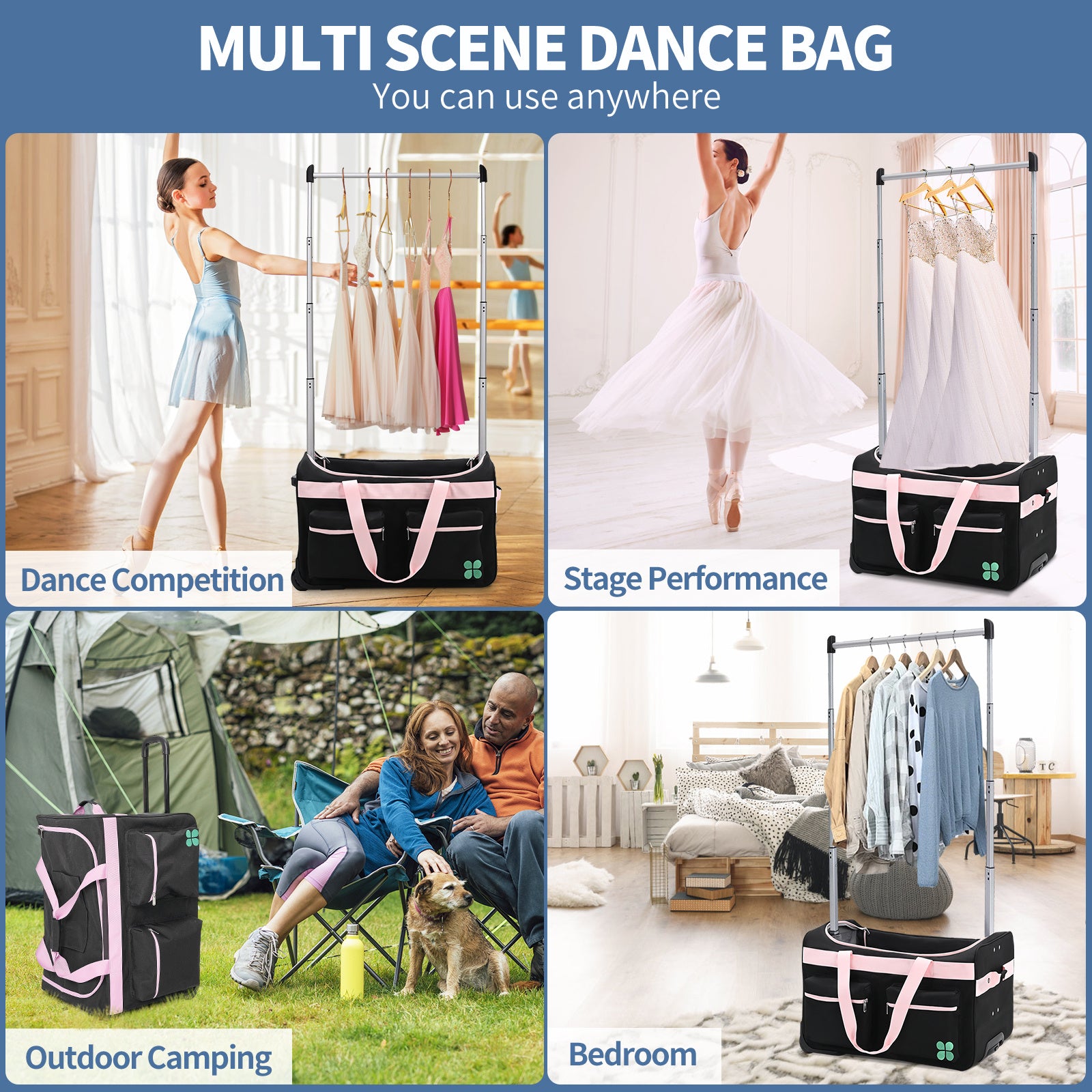 Dance Bag With Garment Rack, 27 Inch Dance Competition Bag Garment Duffel Bag For Competition Events, Travel, Recital Events, Rolling Garment Bag Travel Dance Bag for Girls Boys