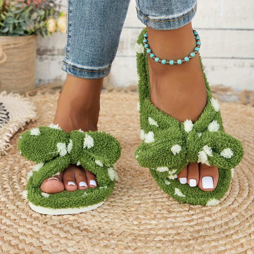 Cozy & Cute Women's Plush Slippers with Polka Dot Bow Design - Soft, Warm Indoor Footwear with Non-Slip EVA Sole, Perfect for Home Comfort in Spring & Autumn, House Slippers