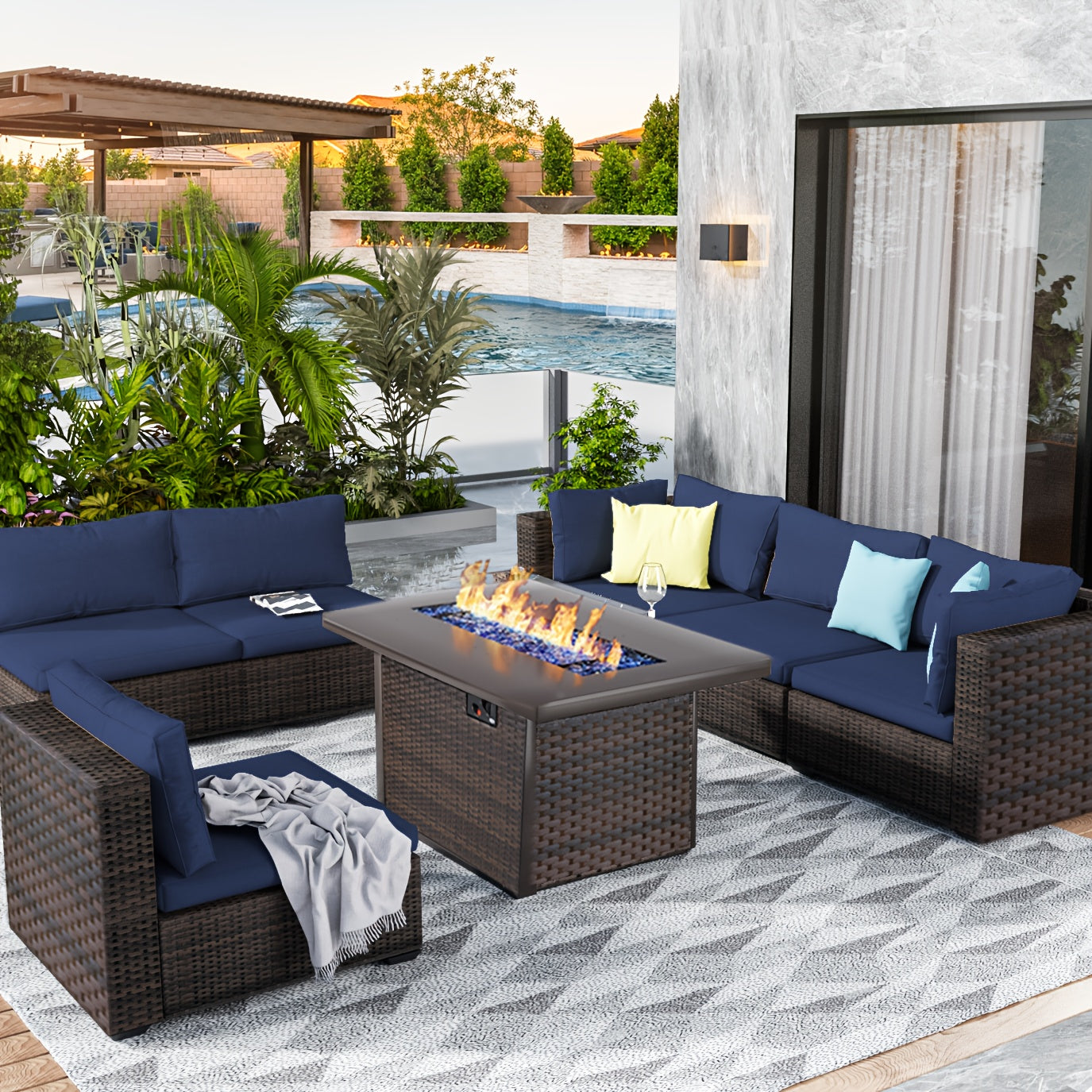 7pcs All-Weather PE Rattan Wicker Outdoor Sectional Patio Furniture Set with Fire Pit Table, Memory Foam Cushions & Brown Tapered Legs - Modular L-Shaped or Straight Configuration, Durable Wicker for Backyard, Garden, Poolsid
