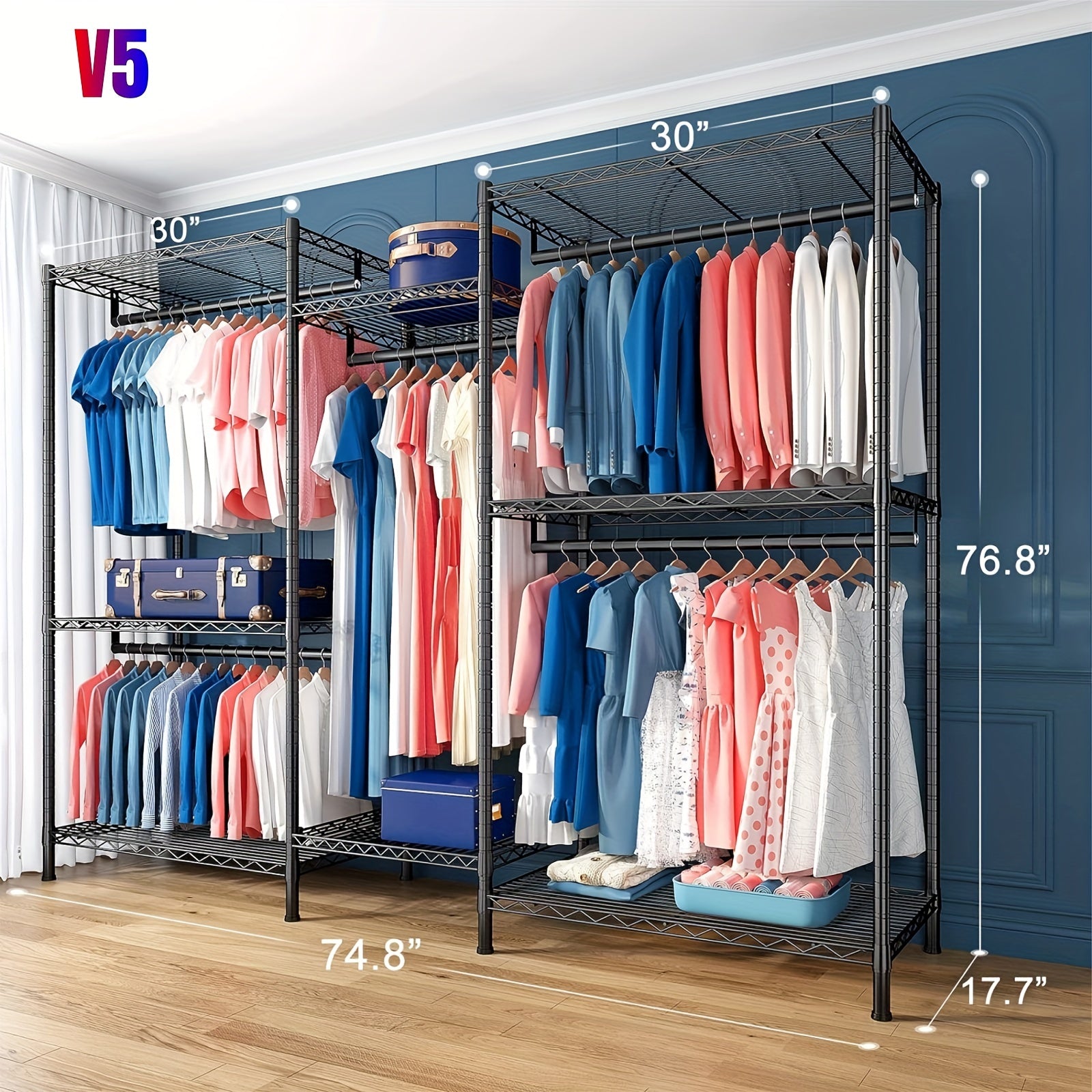 Clothes Rack Heavy Duty Metal Garment Rack With Shelves, Wardrobe Clothes Organizer, Hanging Closet Organizer For Storage, Free Standing Closet Shelves And Coat Rack, Clothes Drying Rack With Rolling Wheels, Kids Hangers And