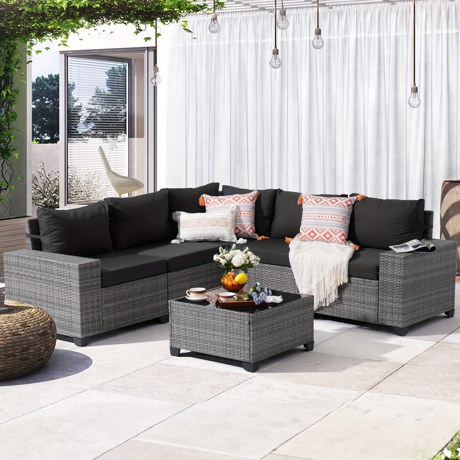 6-Piece Outdoor Patio Furniture Set: Wicker Sofa with Coffee Table, Powder-Coated Frame & Handwoven PE Rattan for All-Weather Durability, Ideal for Family Reunions