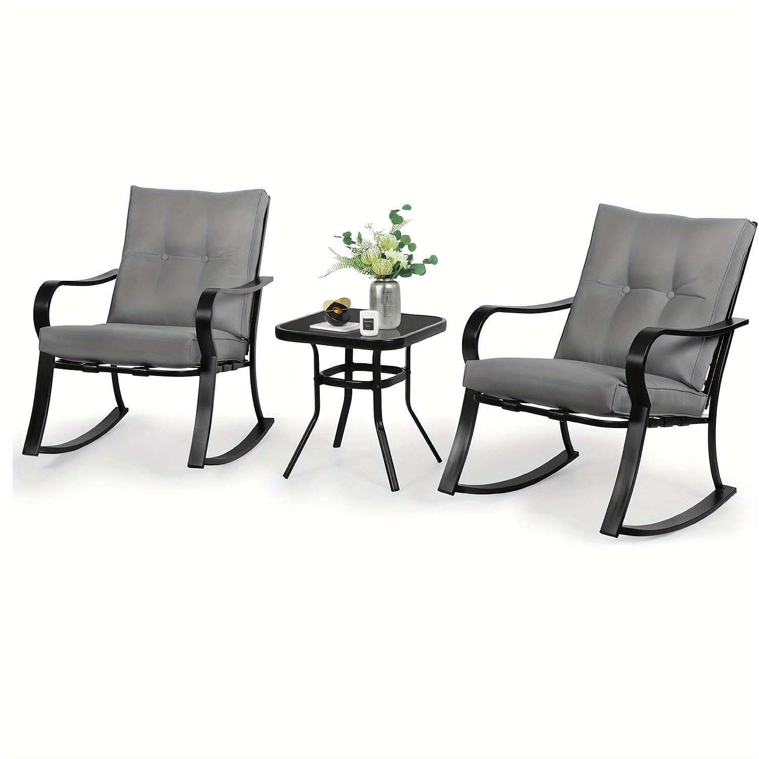 3-Piece Outdoor Rocking Chairs Bistro Set, Black Iron Patio Furniture With Red Thickened Cushion & Glass-Top Coffee Table