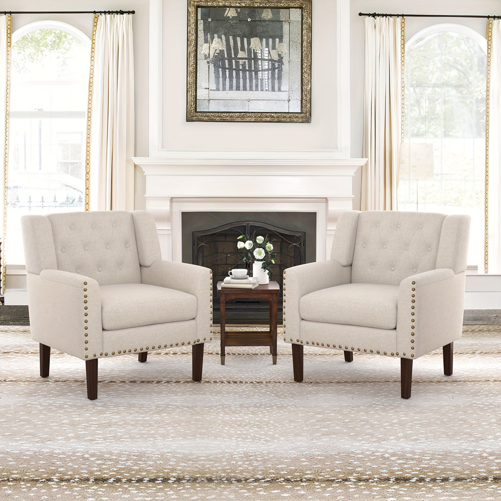 1PCS 350LBS Upholstered Linen Accent Chair, Mid Century Living Room Chair 18.5", Comfy Button Tufted Arm Chair, Accent Chairs For Living Room, Small Spaces, Bedroom,