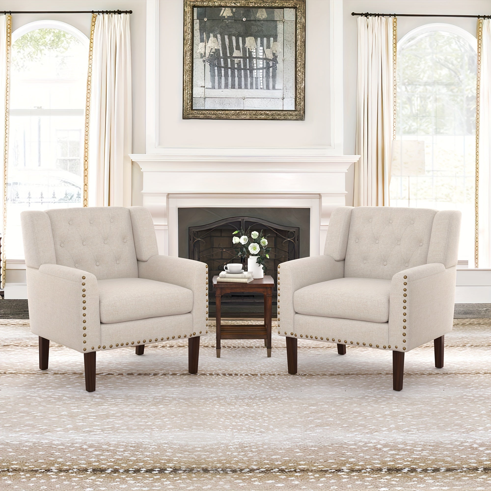 1PCS 350LBS Upholstered Linen Accent Chair, Mid Century Living Room Chair 18.5", Comfy Button Tufted Arm Chair, Accent Chairs For Living Room, Small Spaces, Bedroom,