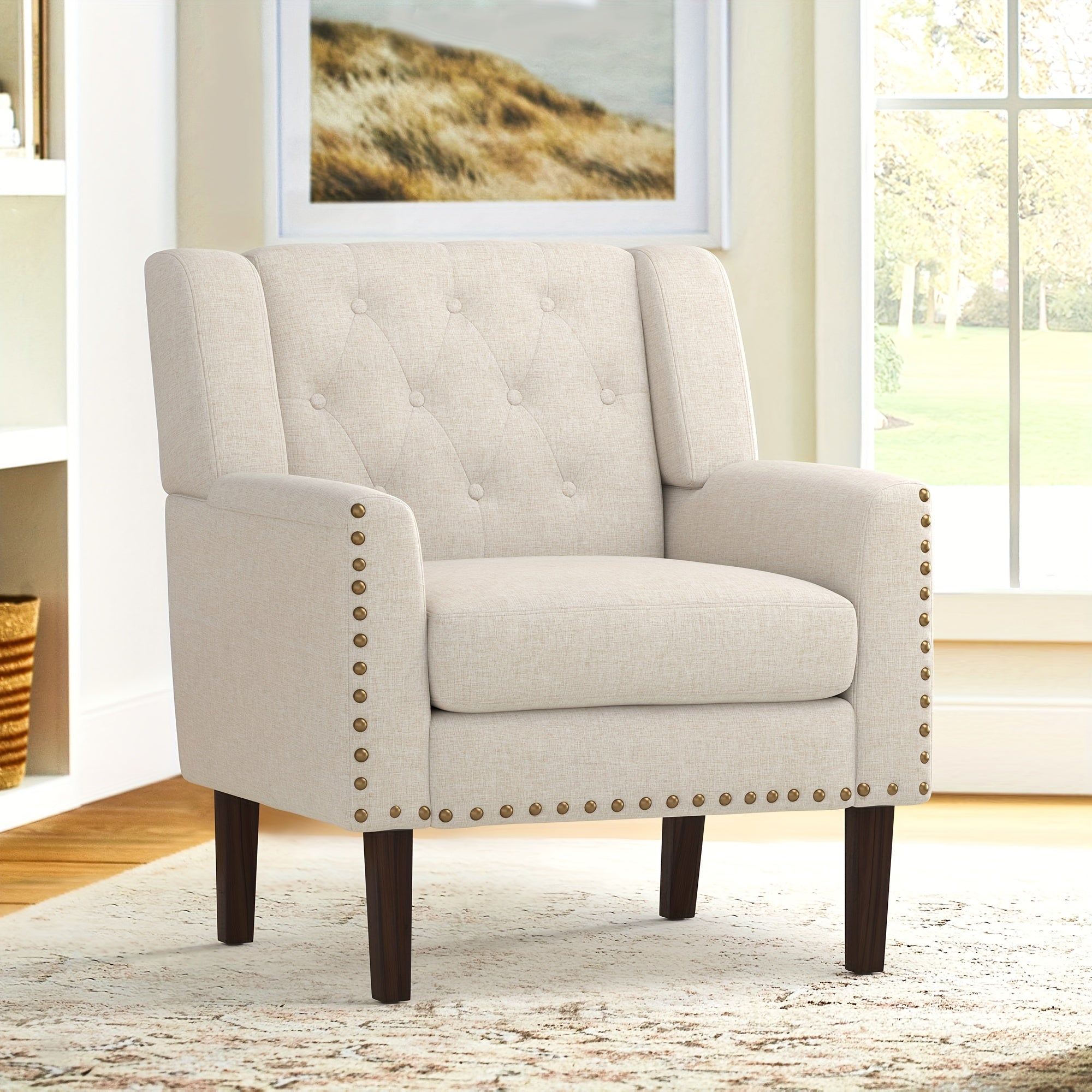 1PCS 350LBS Upholstered Linen Accent Chair, Mid Century Living Room Chair 18.5", Comfy Button Tufted Arm Chair, Accent Chairs For Living Room, Small Spaces, Bedroom,