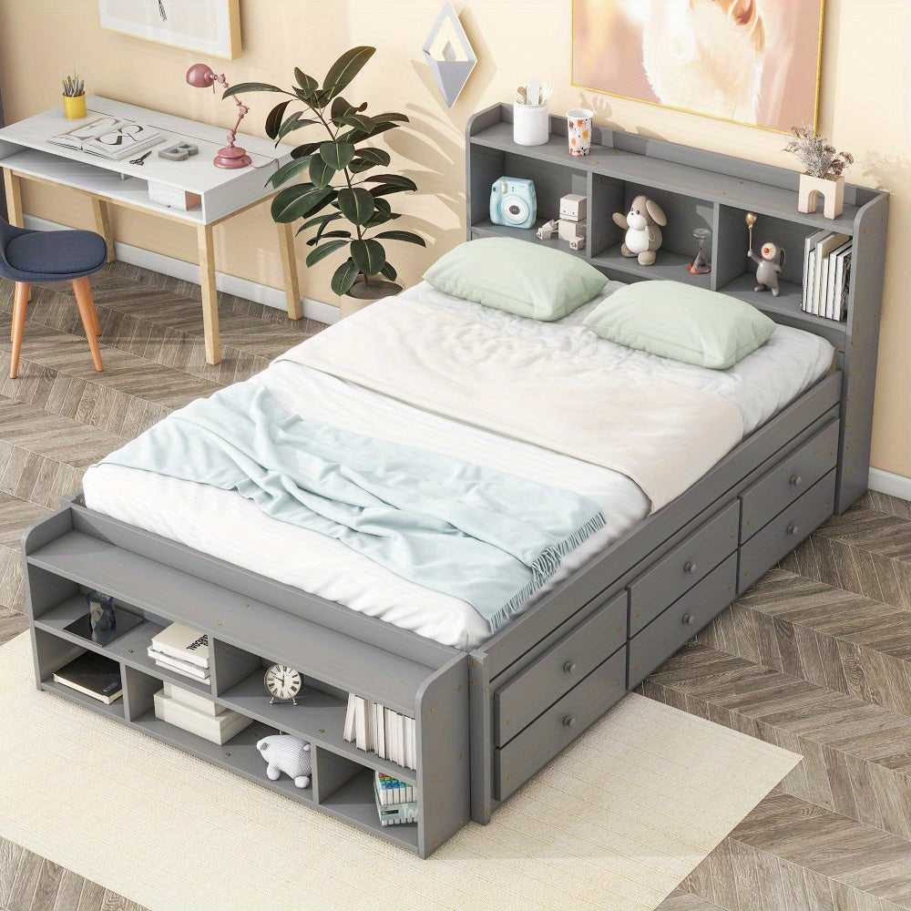 Full Size Bed Frame with Bookcase Headboard, 6-Drawer Storage & Foot Cabinet - Space-Saving Platform Bed, Heavy-Duty Metal Construction, Modern Minimalist Bedroom Furniture for Small Spaces - Easy Assembly Required, Decorativ
