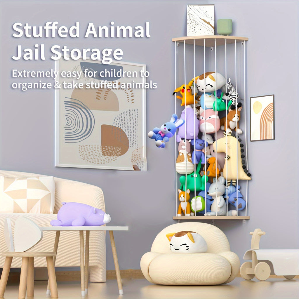 1 Set Large Moon Zoo Toy Shelf - Adjustable Wood Frame Stuffed Animal Organizer - Perfect Corner Hanging Storage for Nursery, Playroom & Bedroom