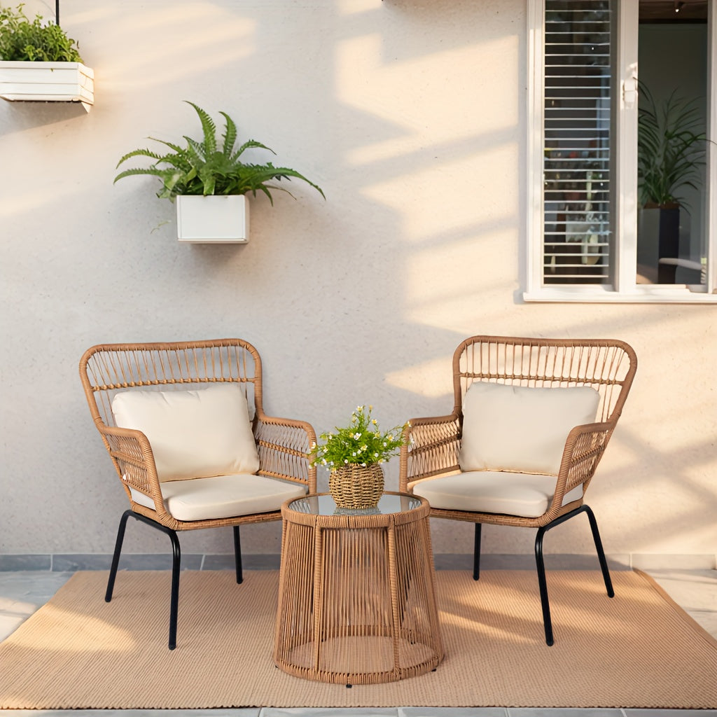3pcs Outdoor Wicker Bistro Furniture Set with Beige Cushioned Seats & Coffee Table - All-Weather Metal Frame & Plastic Top, Curved Armrests & Sturdy Base for Patio, Balcony, Garden, Front Porch - Comfortable Rattan Sofa Set i