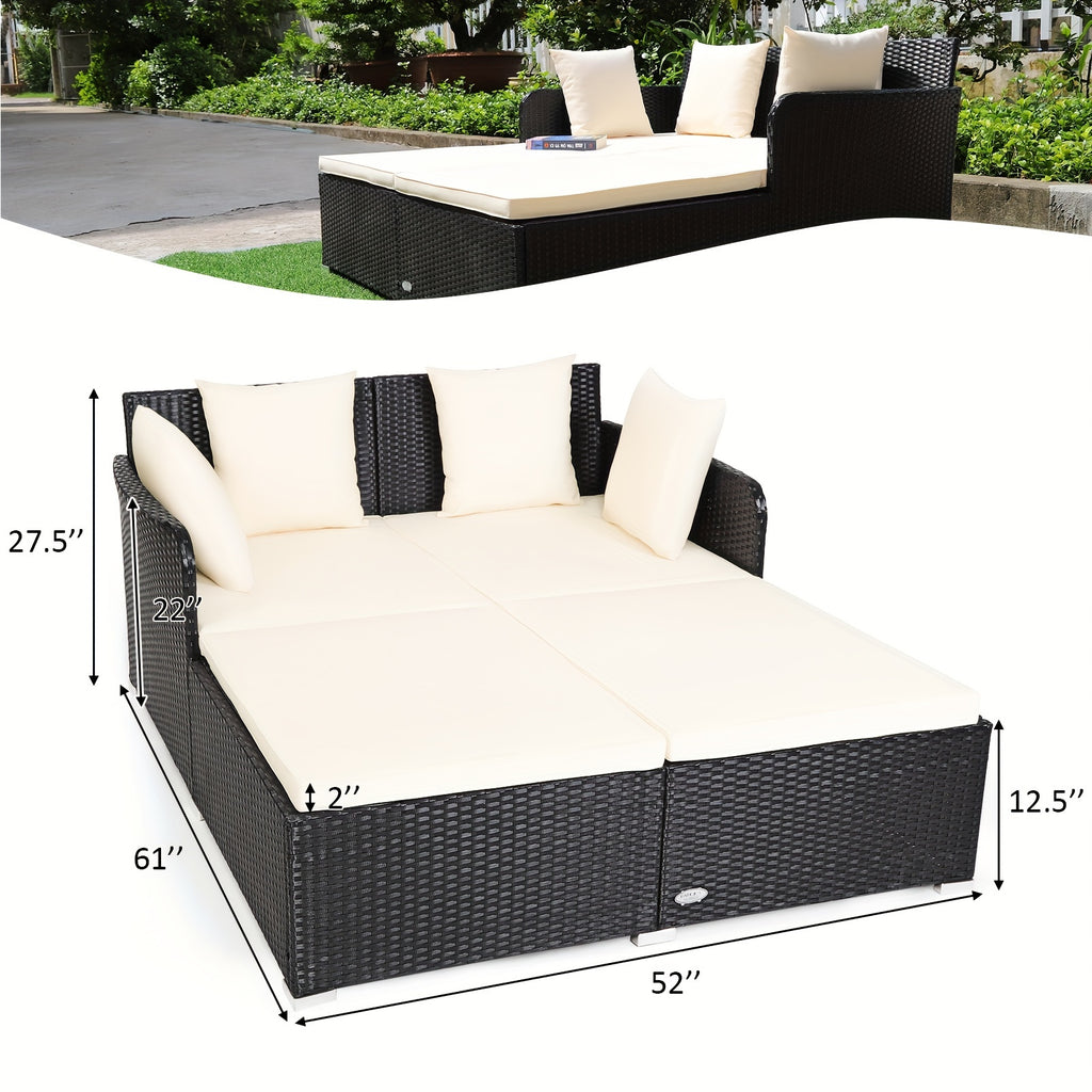 1pc Rattan Daybed With Cushions, Classic Outdoor Patio Furniture, Weather-Resistant Wicker Sofa, Beige – 61x52x27.5 Inches