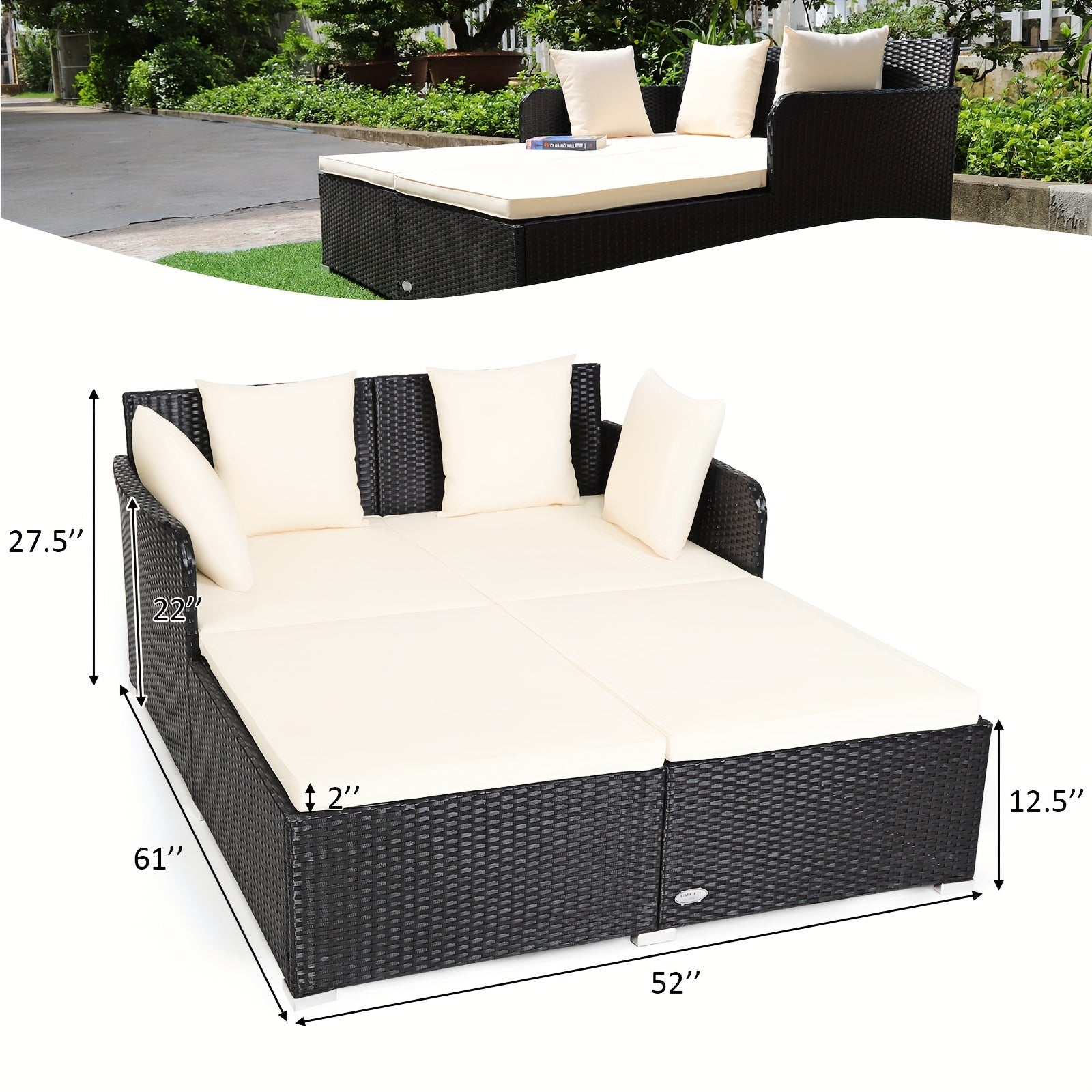1pc Rattan Daybed With Cushions, Classic Outdoor Patio Furniture, Weather-Resistant Wicker Sofa, Beige – 61x52x27.5 Inches