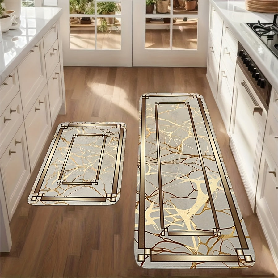 2/3pcs Spring Summer Kitchen Decor Mat Set, Marble Style Gold Plated Printed Floor Mats for Home & Laundry Room Entrance Doorway – Absorbent Lightweight Washable Easter Mother's Day Valentine’s Gift, Kitchen Floor Mats, K