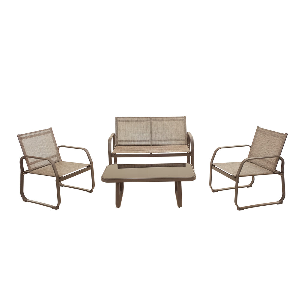 4pcs Patio Furniture Outdoor Bistro Conversation Set With Tempered Glass Coffee Table & Loveseat For Poolside, Porch, Lawn