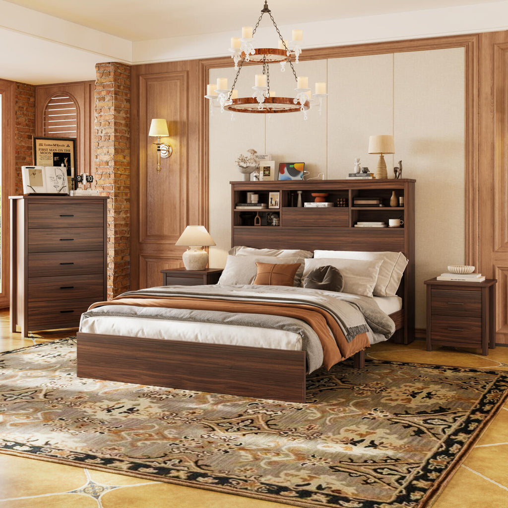 4pcs Queen Bedroom Set - Storage Bed Frame with Smart USB Charging, 2 Nightstands & Dresser | Solid Wood Furniture for Master Bedroom (Easy 30-Min Assembly), Bedroom Furniture Set, Modern Bedroom Furniture, Durable Wooden Fur