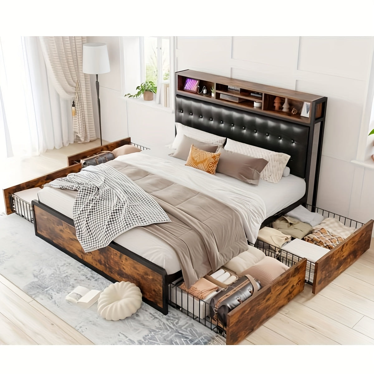 EnHome King/Queen/Full Bed Frame with 4-Tier Storage Drawers & Upholstered Headboard, Heavy-Duty Metal Support, Noise-Free Design, Charging Station (US Plug), No Box Spring Needed, Vintage Brown - Easy Assembly, Hardwood & Me