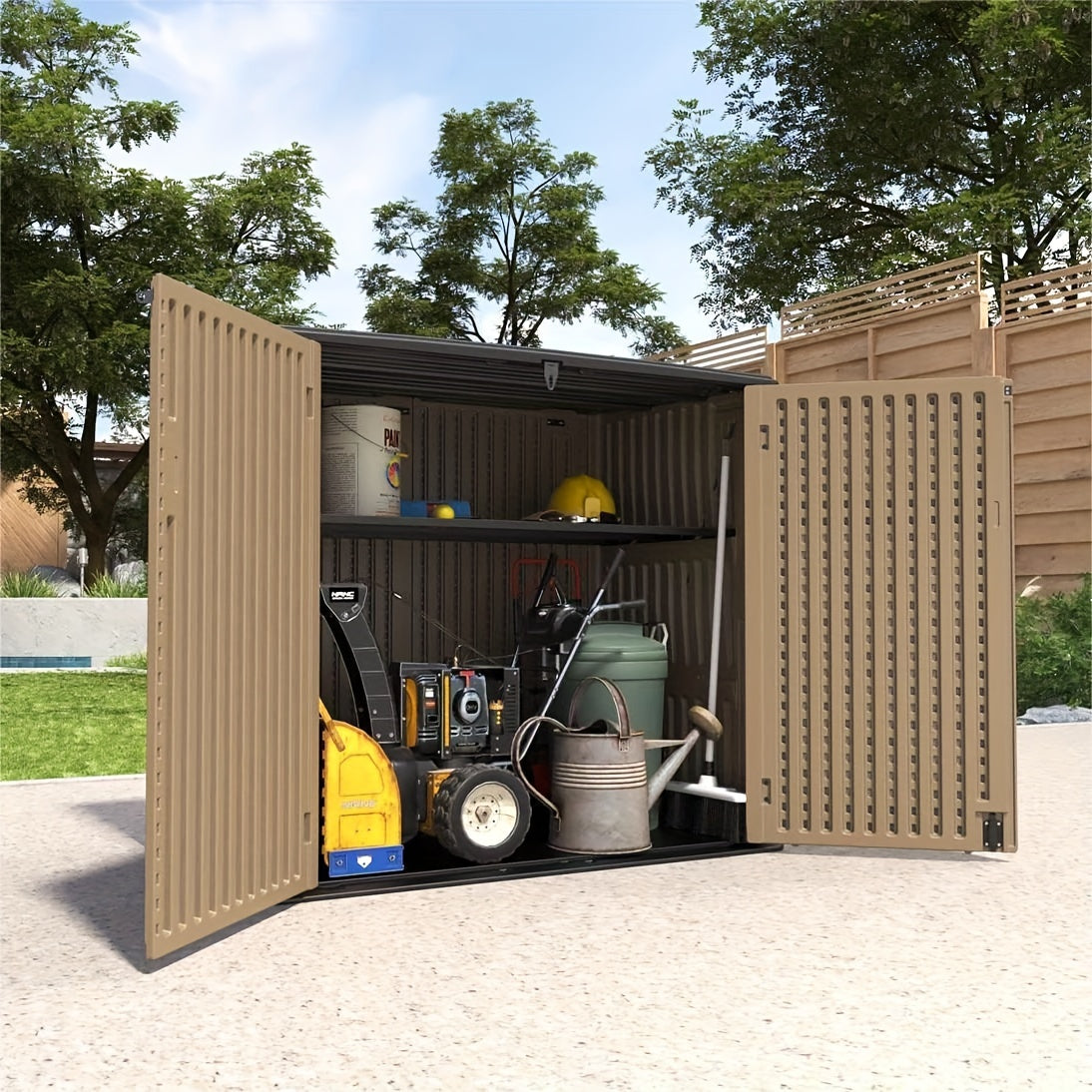 European-style Double-layer Resin Outdoor Storage Shed with Lockable Waterproof Storage Boxes. Ideal for Organizing Patio Furniture, Gardening Tools, Pool Equipment, The Perfect Holiday Gift for Christmas And Thanksgiving