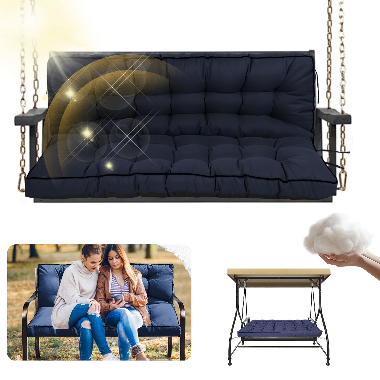2-3 Seater Waterproof Outdoor Swing Cushions with Turquoise Blue Cushion Cover - Heavy-Duty All-Weather Washable Porch Swing Seat Pad, Sturdy Chain-Fastened Design for Patio,2 Balcony Furniture (Machine Washable, 60x40x4in) -
