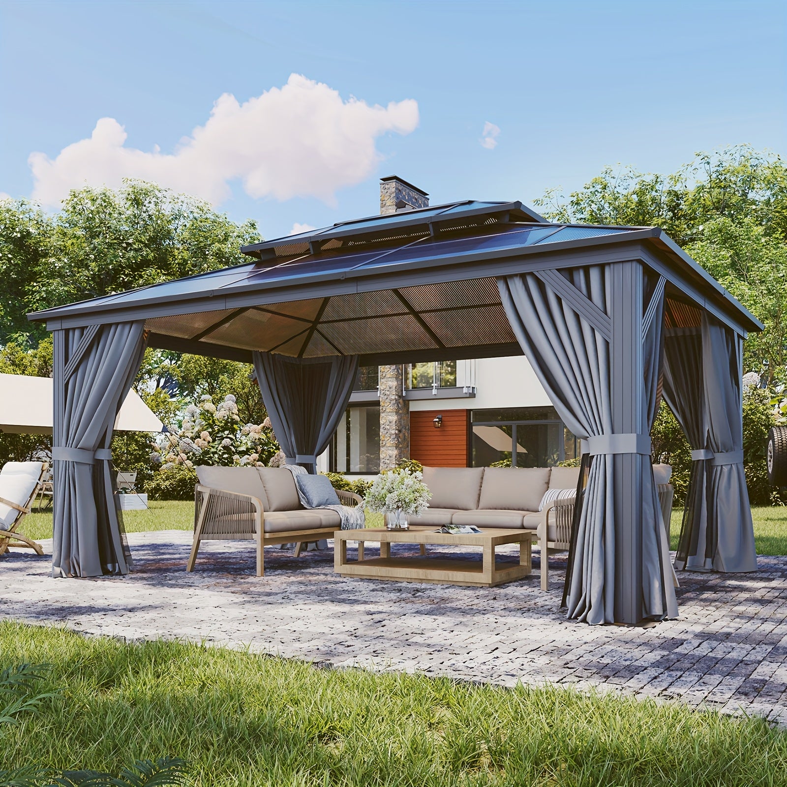 20'x13'/16'x12'/12'x10' Hardtop Gazebo for Patio, Outdoor Aluminum Gazebo with Double Roof, Curtains & Netting, Weather-Resistant Permanent Pavilion, Backyard Patio Furniture for Garden, Lawn, Deck (Brown/Gray)