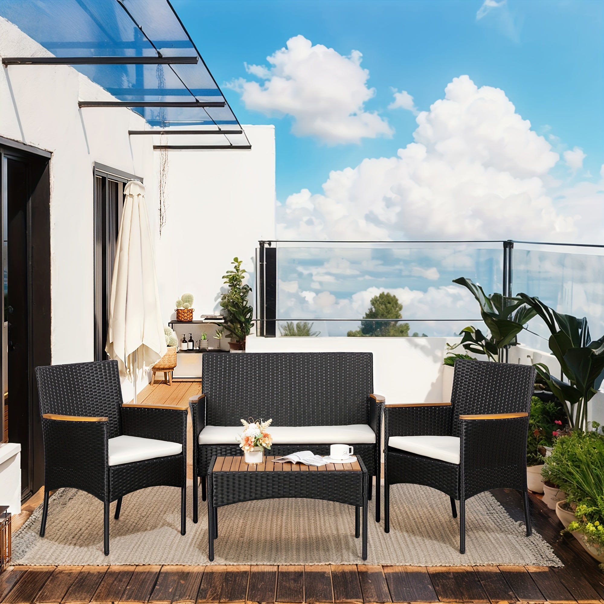 Celebalcony 4pcs Patio Furniture Set, Outdoor Wicker Patio Conversation Furniture Set with Cushion