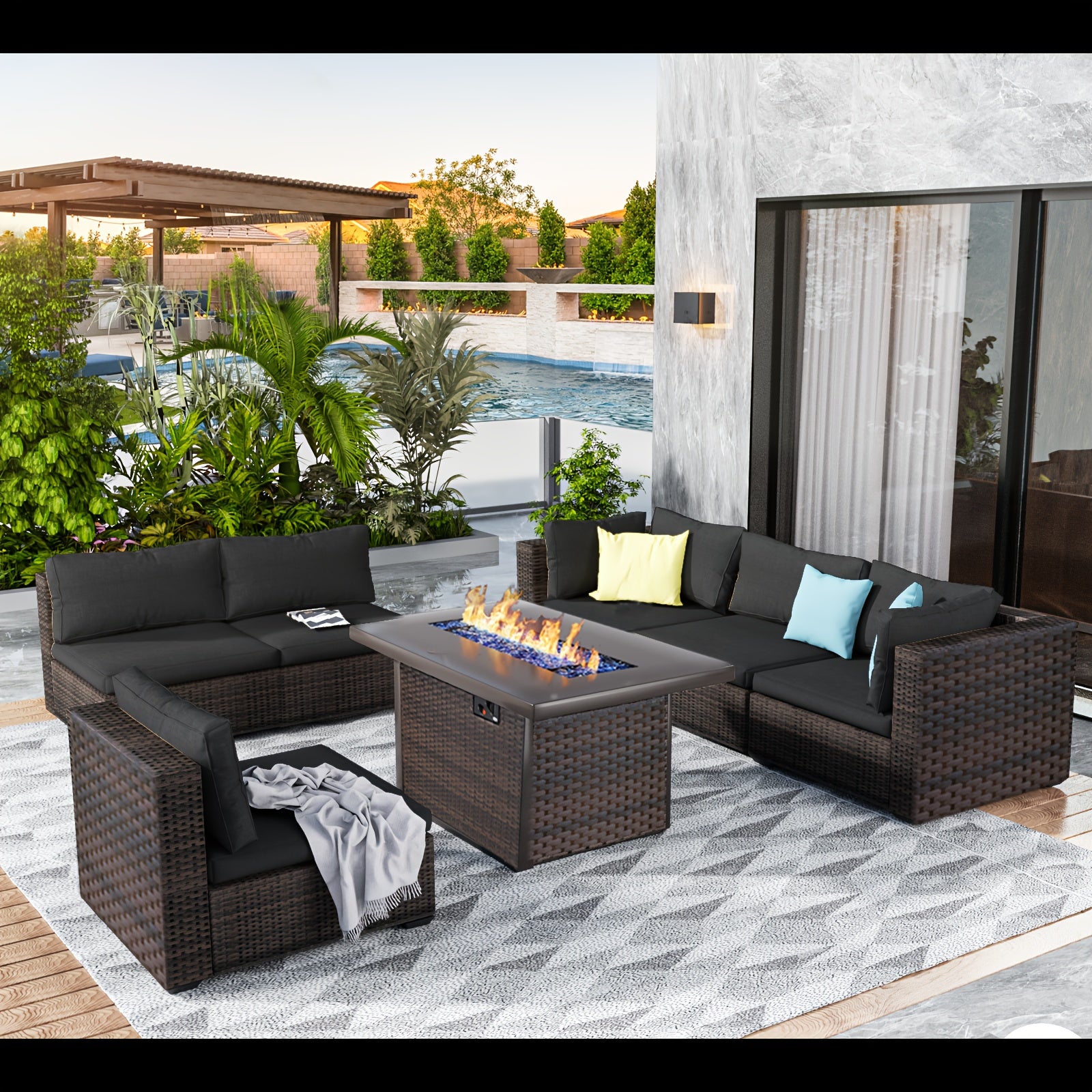 7pcs All-Weather PE Rattan Wicker Outdoor Sectional Patio Furniture Set with Fire Pit Table, Memory Foam Cushions & Brown Tapered Legs - Modular L-Shaped or Straight Configuration, Durable Wicker for Backyard, Garden, Poolsid