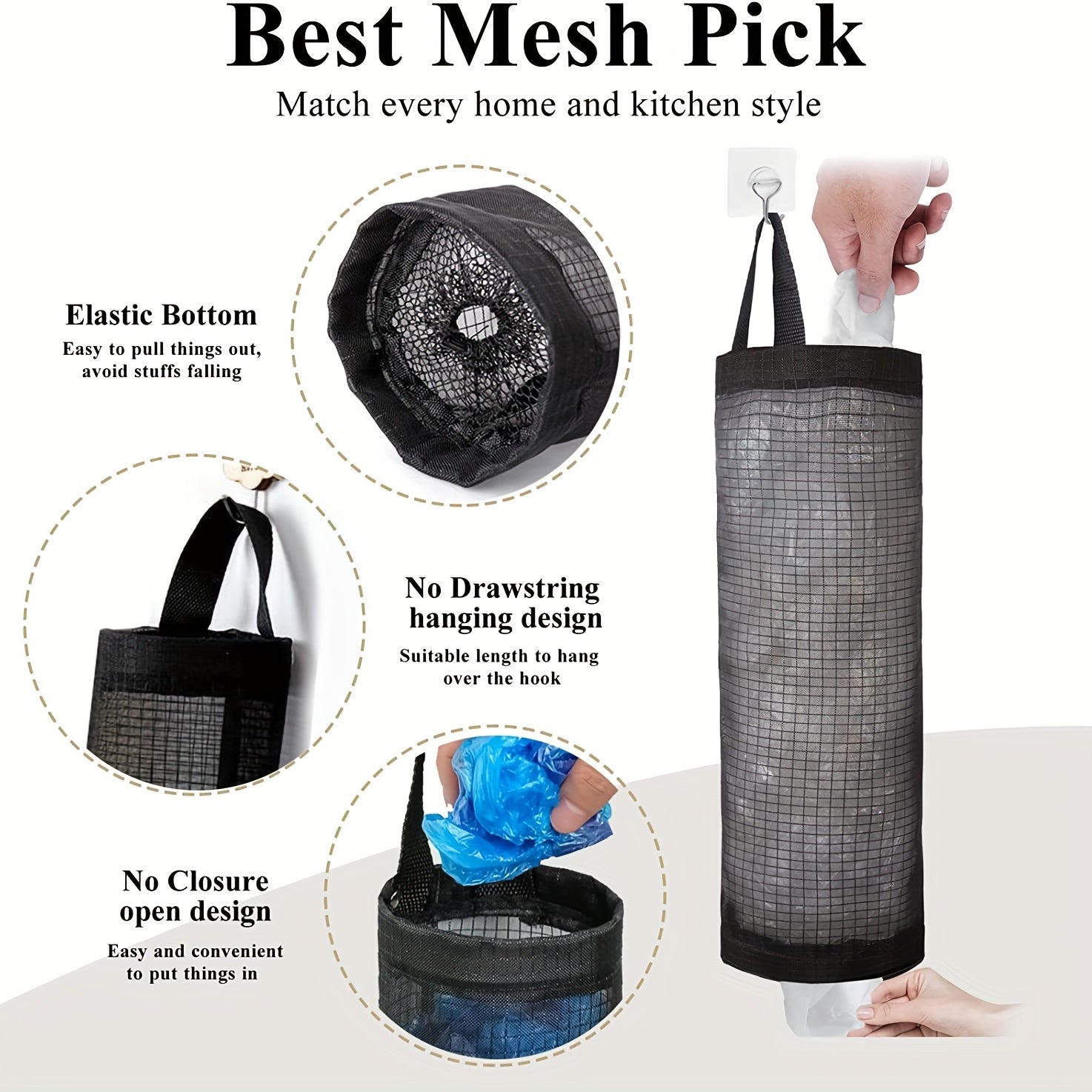 1pc Foldable Mesh Grocery Bag Holder, Breathable Plastic Bag Dispenser, Kitchen Garbage Bag Organizer with Hanging Storage