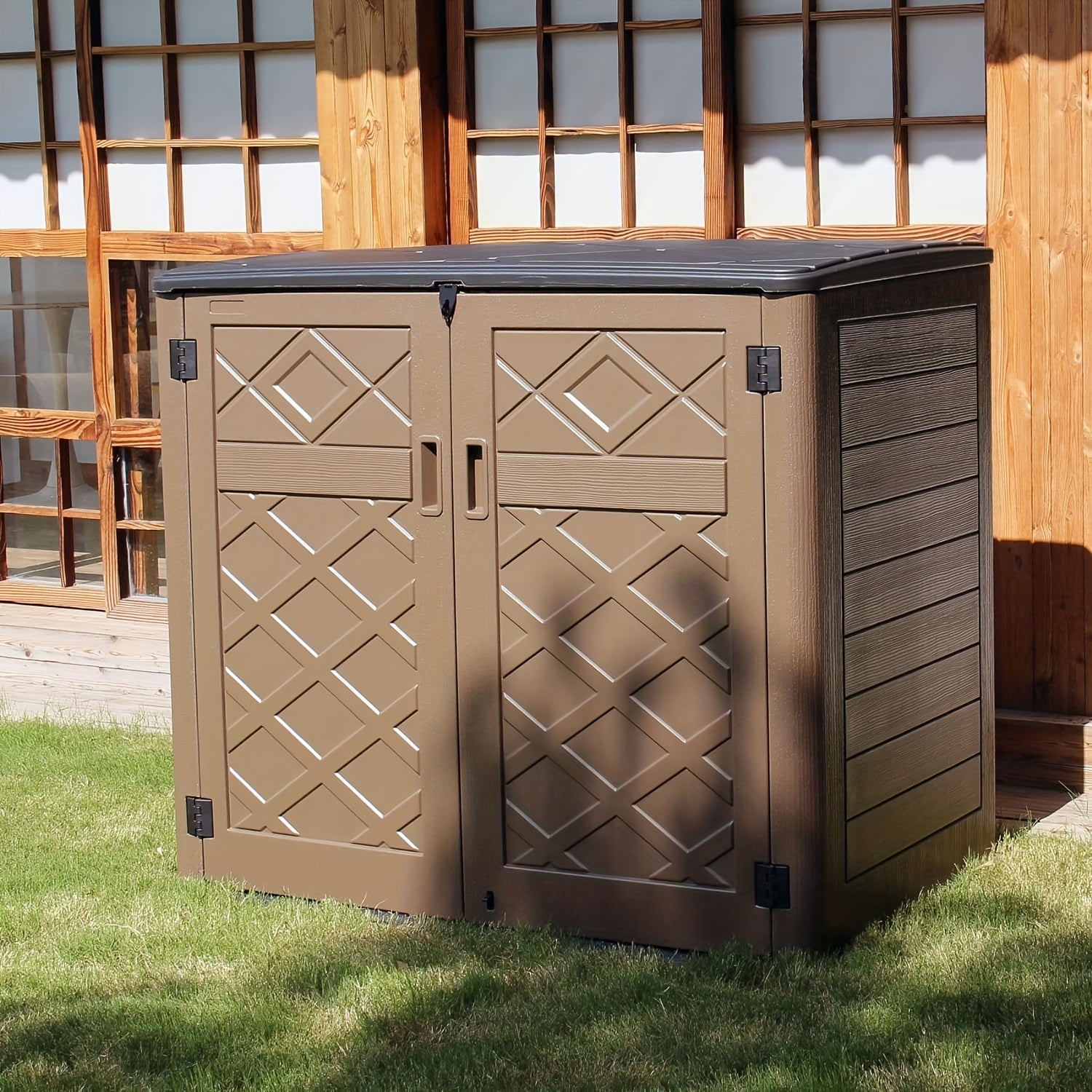 European-style Double-layer Resin Outdoor Storage Shed with Lockable Waterproof Storage Boxes. Ideal for Organizing Patio Furniture, Gardening Tools, Pool Equipment, The Perfect Holiday Gift for Christmas And Thanksgiving
