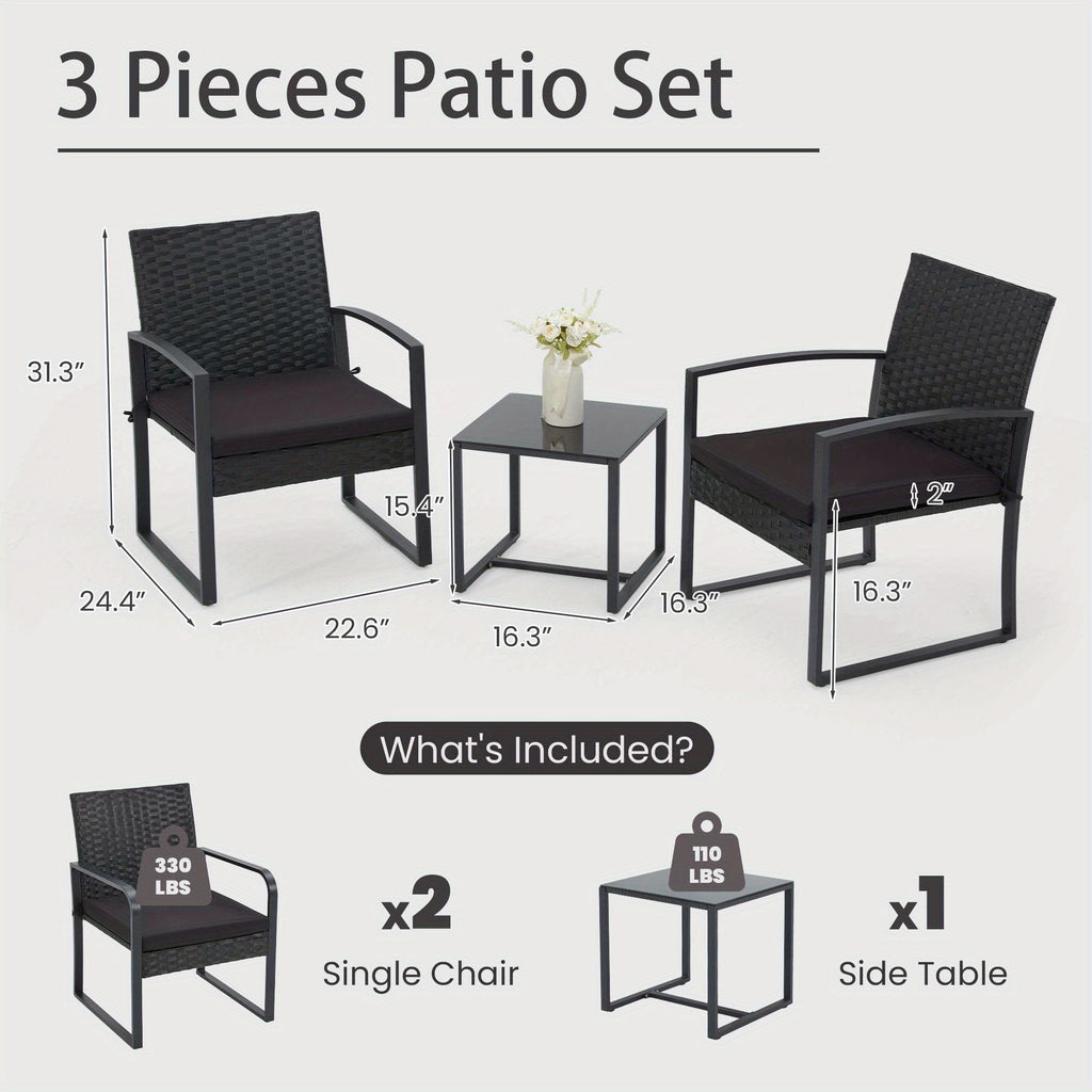 Bezseller 3pcs Patio Furniture Set, Outdoor Rattan Bistro Set with Coffee Table, Durable Steel Frame with Strapped Cushions for Garden, Balcony, Poolside, Backyard