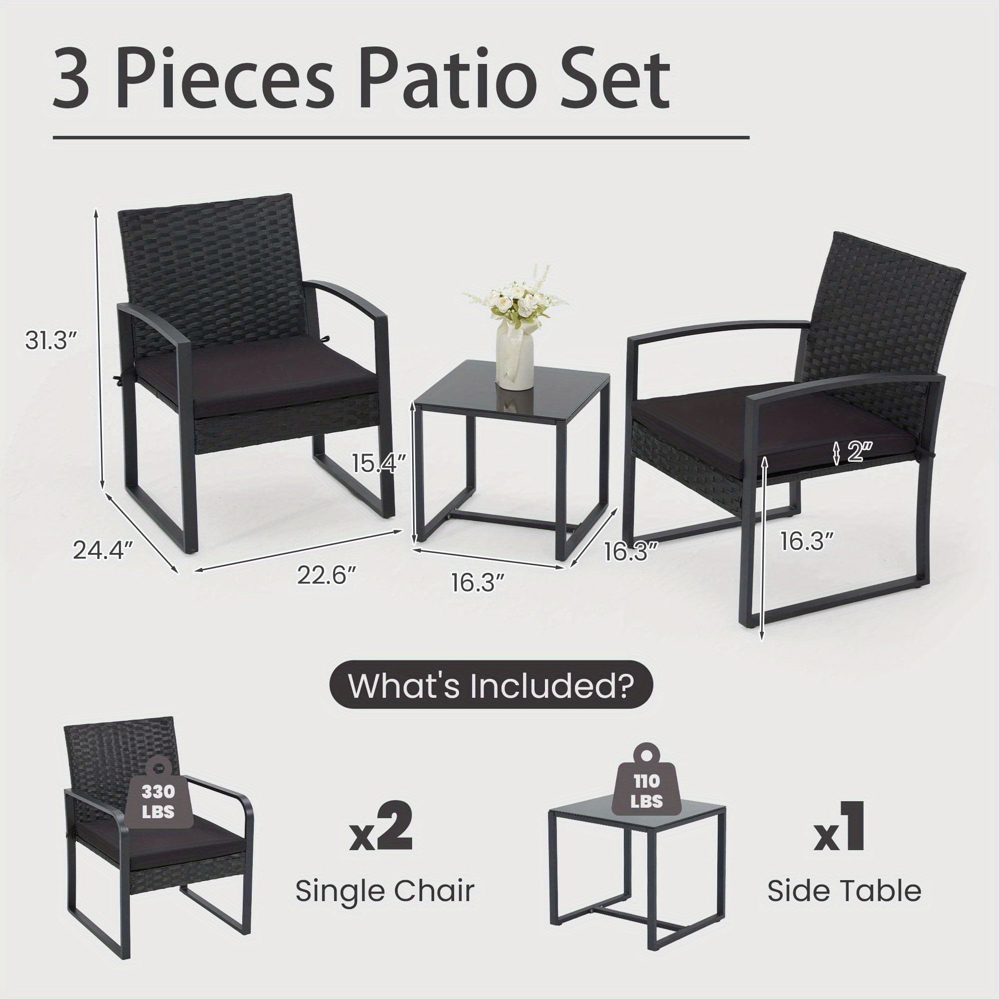 Bezseller 3pcs Patio Furniture Set, Outdoor Rattan Bistro Set with Coffee Table, Durable Steel Frame with Strapped Cushions for Garden, Balcony, Poolside, Backyard