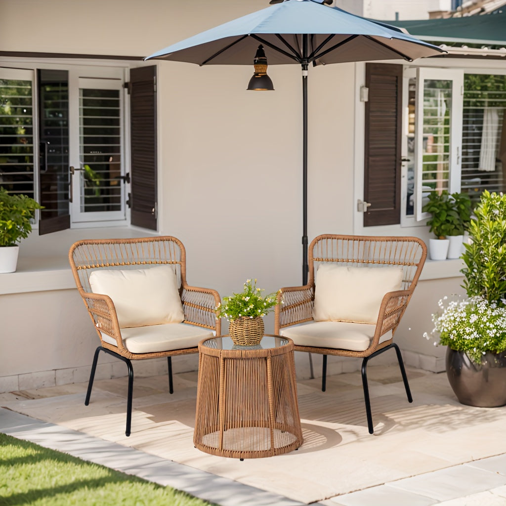 3pcs Outdoor Wicker Bistro Furniture Set with Beige Cushioned Seats & Coffee Table - All-Weather Metal Frame & Plastic Top, Curved Armrests & Sturdy Base for Patio, Balcony, Garden, Front Porch - Comfortable Rattan Sofa Set i