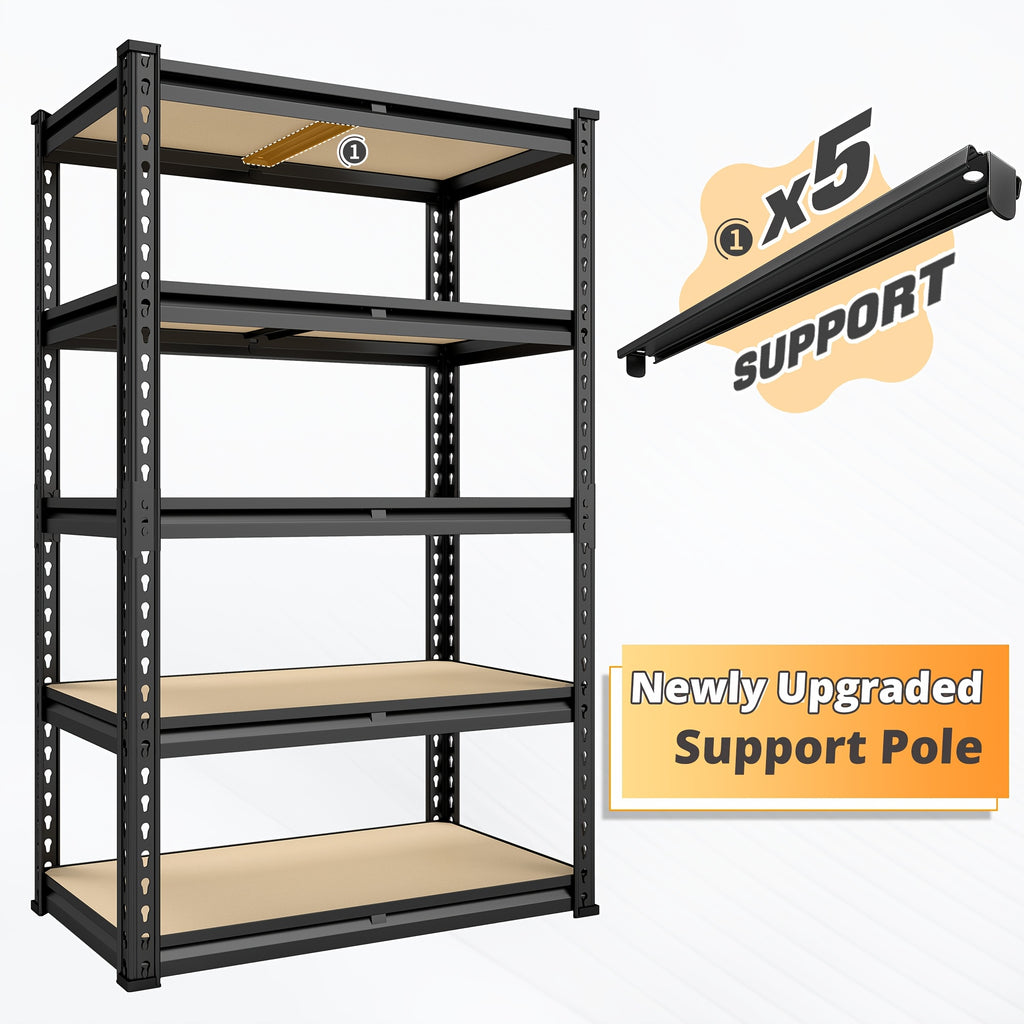 2000LBS Storage Shelves 5 Tier Garage Shelving Heavy Duty, Adjustable Metal Shelving Unit, Garage Shelves for Basement, Warehouse, Pantry, 72.5" H X 35.55" W X 16" D, Black, 60"H×28"W ×12"D, Available In Two Sizes, The Prac