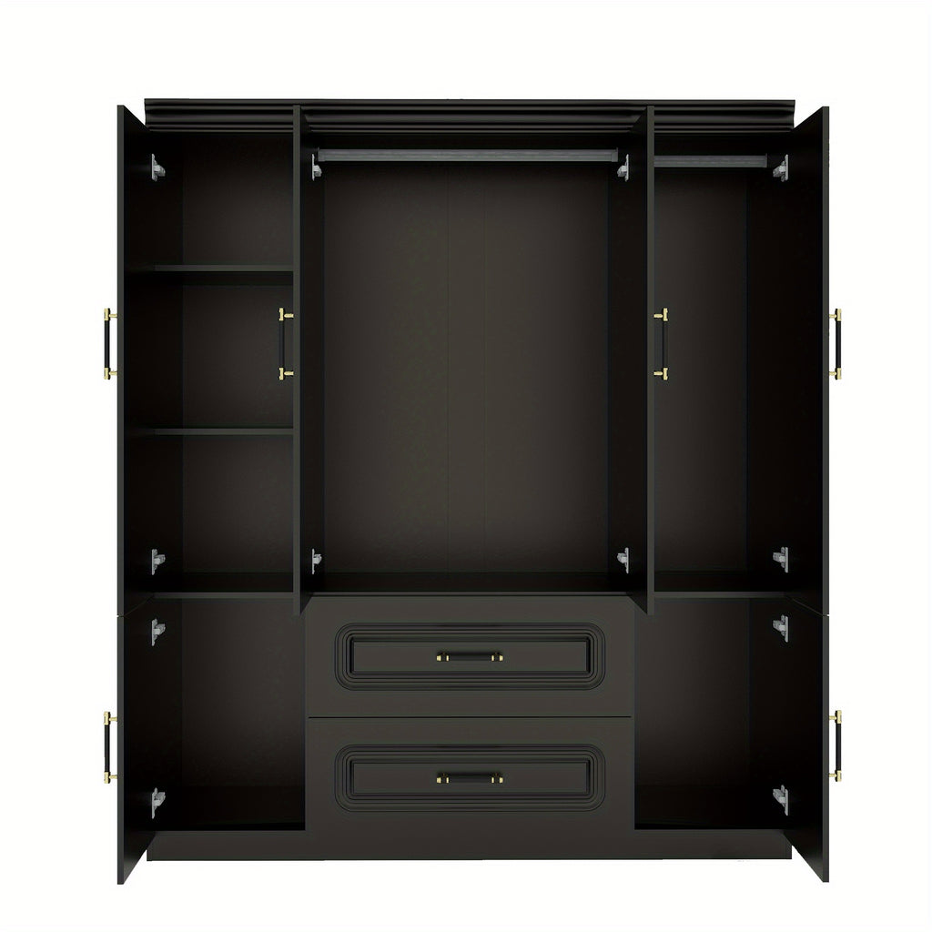 Elegant Modern Black Wooden Wardrobe Armoire with Drawer & Shelves - Waterproof, Free-Standing Closet Storage Cabinet for Bedroom, Dustproof with Golden Handles, Portable Closet, Storage Boxes for Organizing