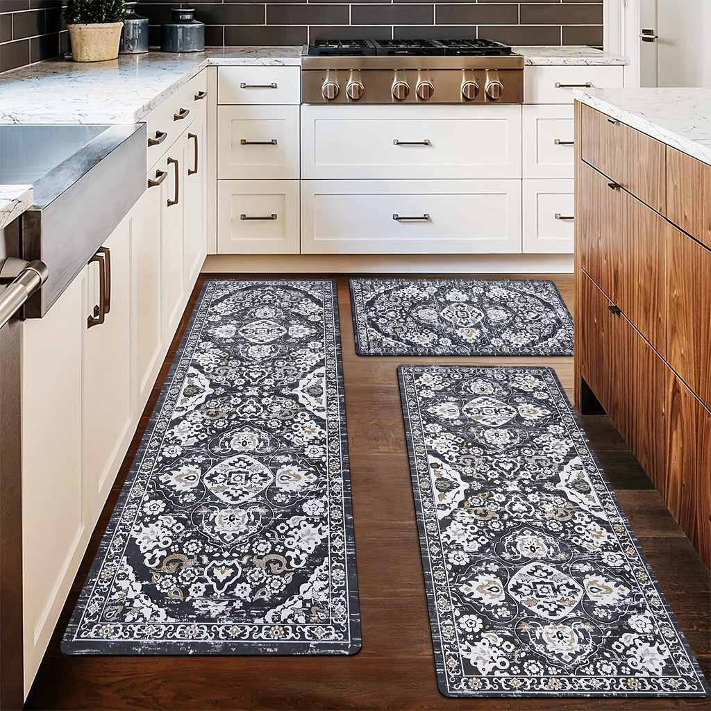 3-Piece Rubber Kitchen Mat Set - Non-Slip, Waterproof, and Stain-Resistant Kitchen Floor Mats for Home Kitchen - Gray/Brown, 20"x32"+20"x48"+20"x60" - Easy to Clean and Maintain