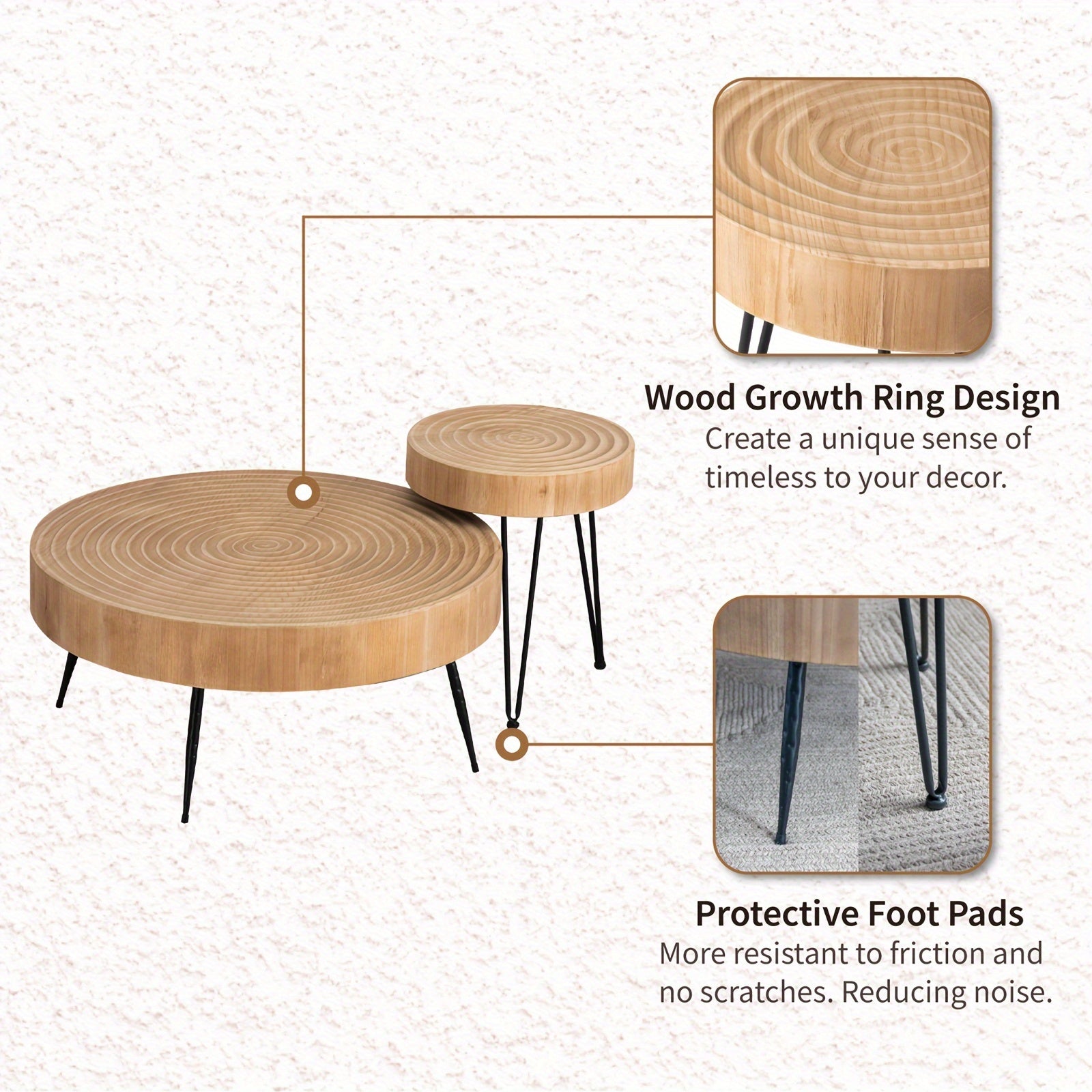 Farmhouse 2pcs Modern Coffee Table Set, Nesting Table Round Natural Finish with Handcrafted Wood Ring Motif, Patio Furniture, Garden Decor, Rustic Design, Farmhouse Style, Durable Wood, Solid Build, Accent Tables, Side Tables
