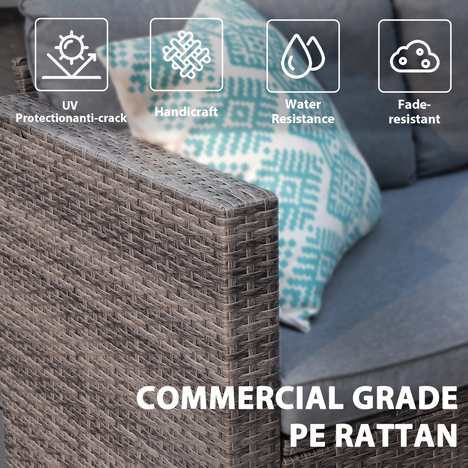 All-Weather Wicker Patio Furniture Set - Includes Sectional Sofa, Chaise Lounge & Glass Coffee Table | Durable Rattan with Metal Frame for Deck, Balcony, Porch | Grey