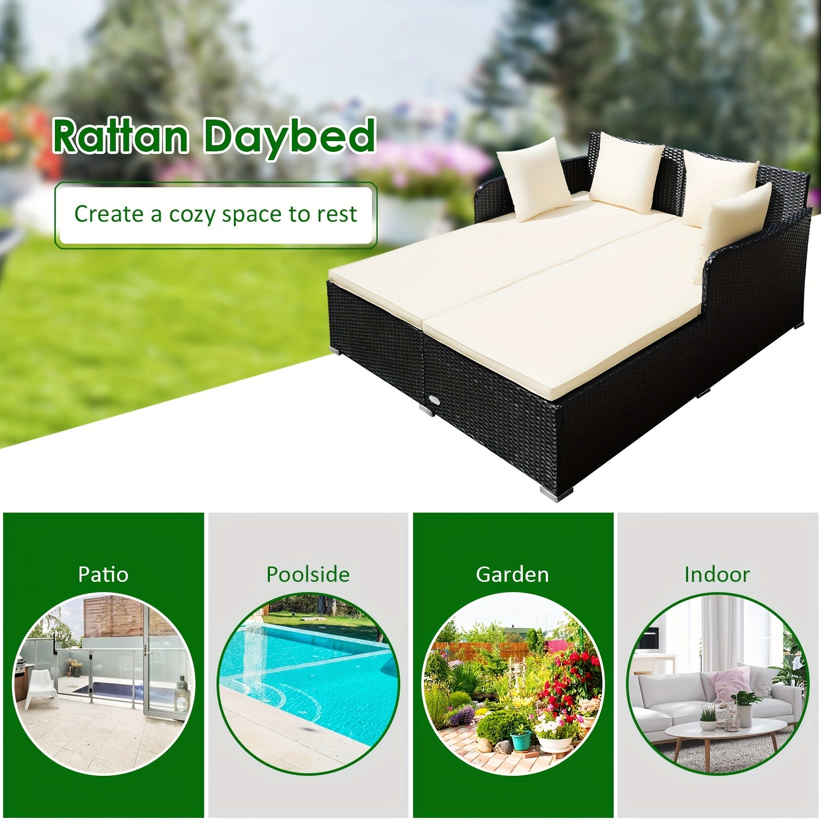 1pc Rattan Daybed With Cushions, Classic Outdoor Patio Furniture, Weather-Resistant Wicker Sofa, Beige – 61x52x27.5 Inches