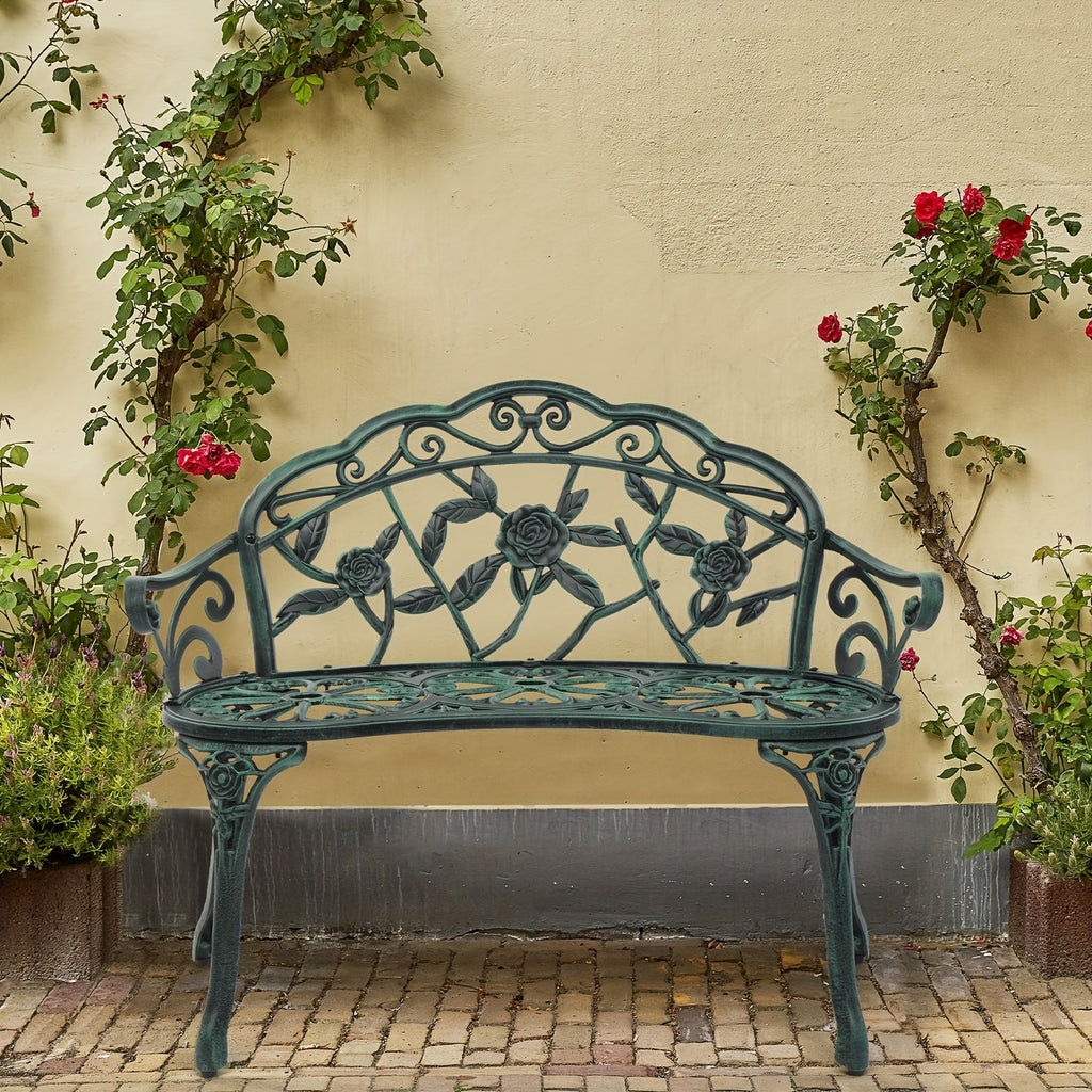 1 PC Rust-Proof Cast Iron Garden Bench, 38.5in Outdoor Seating with Elegant Rose Pattern, Foot Levelers, and Patio Furniture in Green
