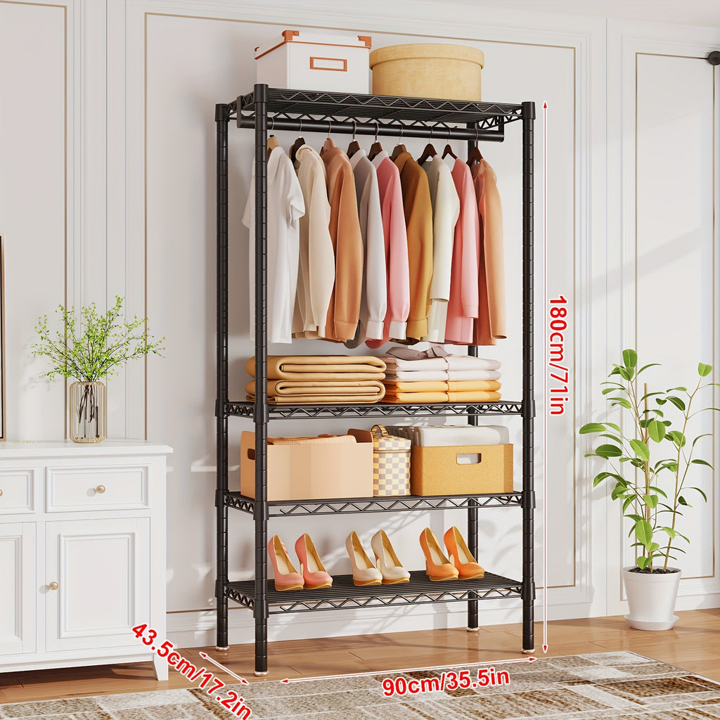 Clothes Rack Heavy Duty Metal Garment Rack With Shelves, Wardrobe Clothes Organizer, Hanging Closet Organizer For Storage, Free Standing Closet Shelves And Coat Rack, Clothes Drying Rack With Rolling Wheels, Kids Hangers And