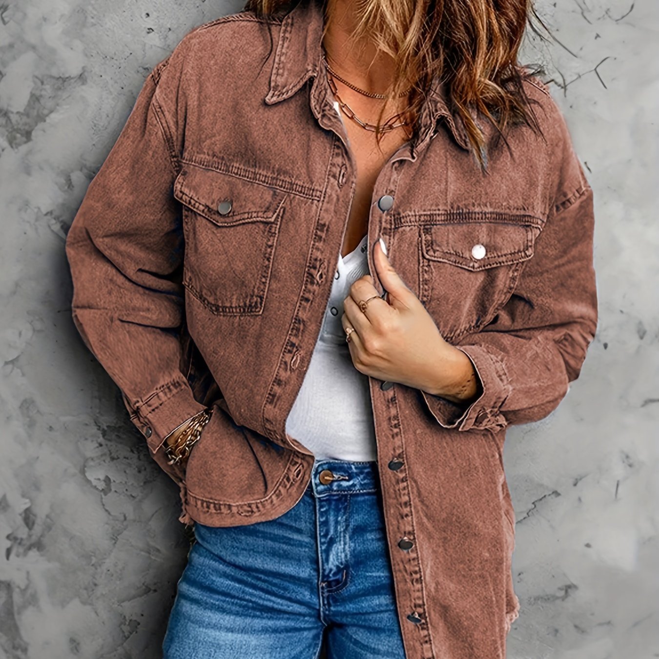 Frayed Hem Long Denim Jackets, Loose Fit Long Sleeves Versatile Lapel Denim Coats, Women's Denim Clothing