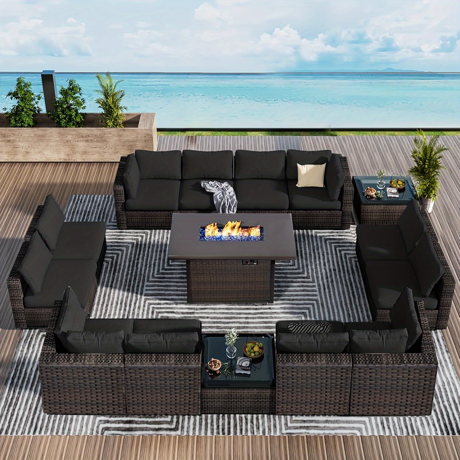 15pcs Patio Furniture Sectional Sofa 50000 BTU Propane Gas Fire Pit Table, Outdoor PE Rattan Patio Conversation Set with Glass Coffee Tables And Cushions for Garden, Poolside, Backyard, Patio Table And Chair Set, Outdoor Pati