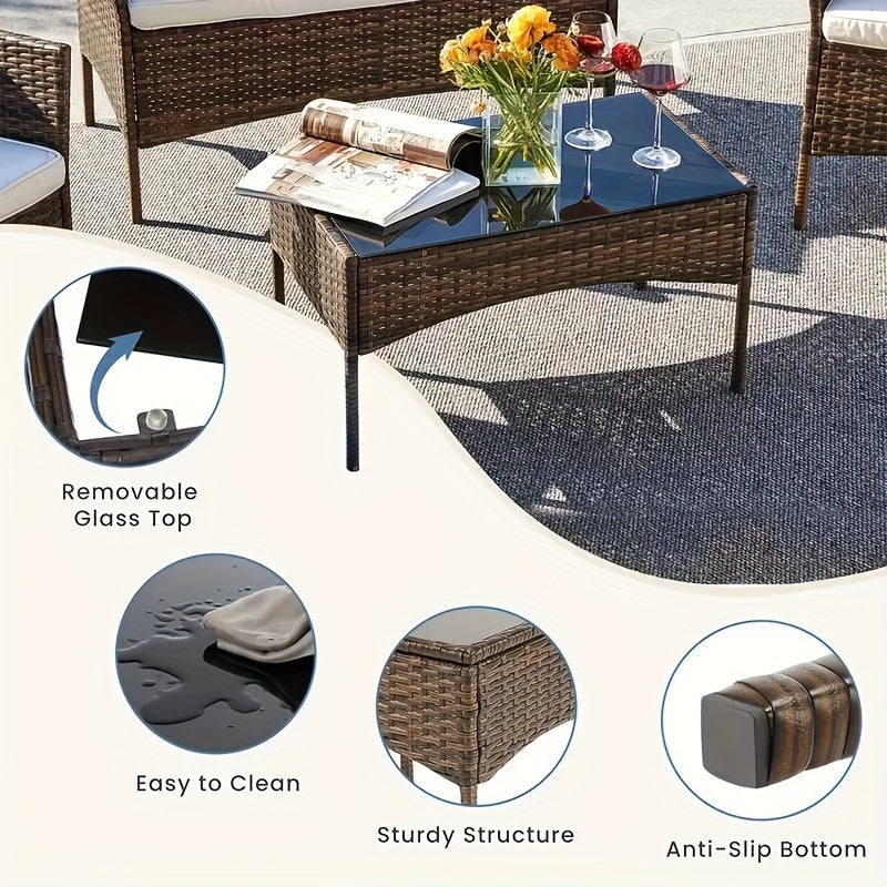 4pcs Patio Furniture Set, Outdoor Wicker Set with Coffee Table, Contemporary Rattan Conversation Patio Chairs with Sofa, Ideal for Garden, Terrace, Porch, Balconies, and Lawns, Brown