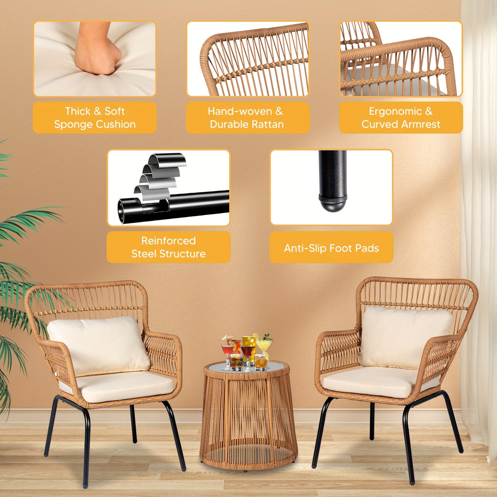 3pcs Outdoor Wicker Bistro Furniture Set with Beige Cushioned Seats & Coffee Table - All-Weather Metal Frame & Plastic Top, Curved Armrests & Sturdy Base for Patio, Balcony, Garden, Front Porch - Comfortable Rattan Sofa Set i