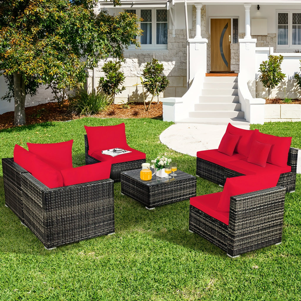 7pcs Outdoor Patio Furniture Set with Red Cushions - Wicker Sectional Sofa, Coffee Table, and Pillows - All-Weather PE Rattan & Anti-Rust Steel Frame for Garden Leisure, Patio Furniture Outdoor