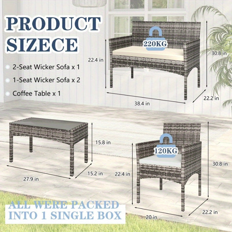 4pcs Patio Conversation Set, Outdoor Wicker Rattan Patio Furniture Set with Cushion and Table for Lawn Backyard, Garden, Balcony, Porch and Poolside