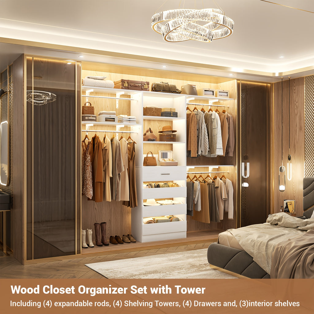 Closet System, 8ft Wood Closet Organizer And Storage System with 4 Drawers, Closet Organizer System, 96'' Walk-in Wardrobe Closet Unit, Closet Clothes Rack with 4 Hanging Rods, Shelves, Adjustable Garment Rack, Cut Fits Space