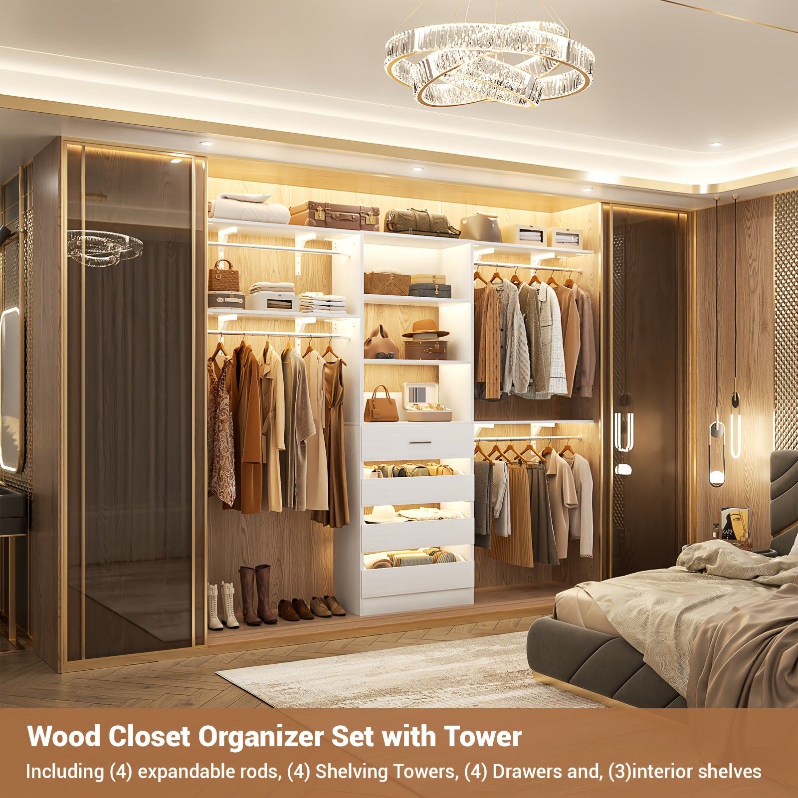 Closet System, 8ft Wood Closet Organizer And Storage System with 4 Drawers, Closet Organizer System, 96'' Walk-in Wardrobe Closet Unit, Closet Clothes Rack with 4 Hanging Rods, Shelves, Adjustable Garment Rack, Cut Fits Space