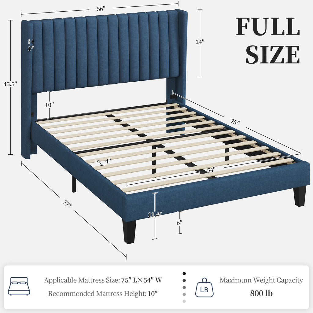 Costoffs Upholstered Bed Frame Full/Queen/King Size, Winged Headboard, Non-Slip, Noiseless, Wooden Slats, Bedroom Furniture, Easy Setup, No Box Spring Required, Installation Guide Included
