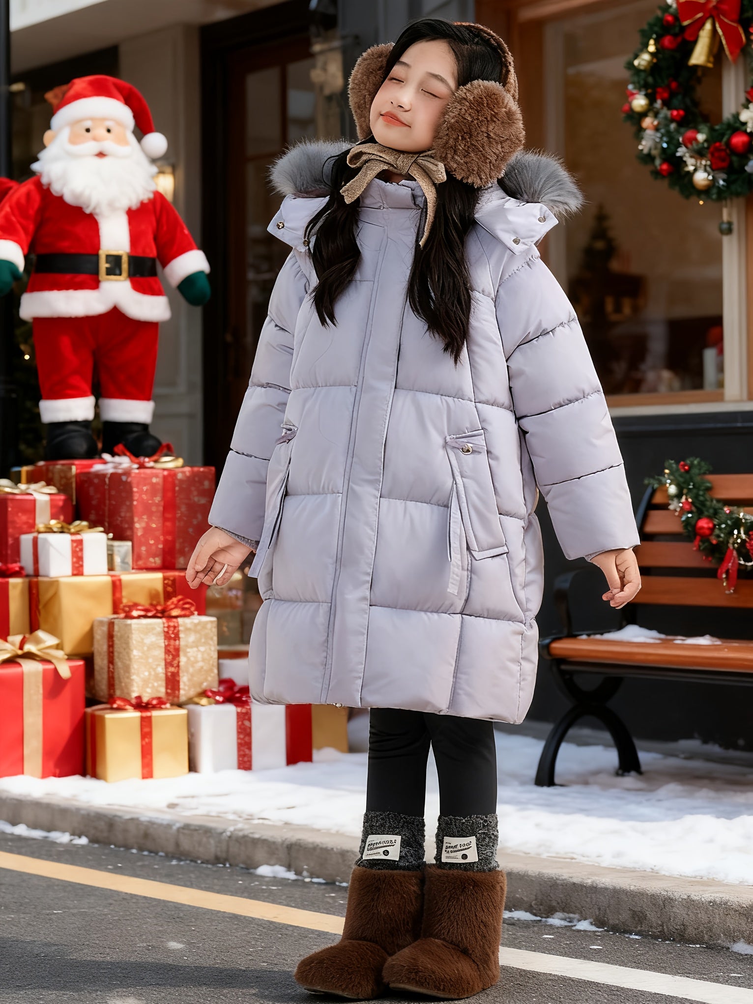 Girls' Jacket Mid-Length 2025 New Winter Thickened Clothing For Girls With Large Fur Collar Trendy Coat Girls Winter Coat Christmas Warm Coat