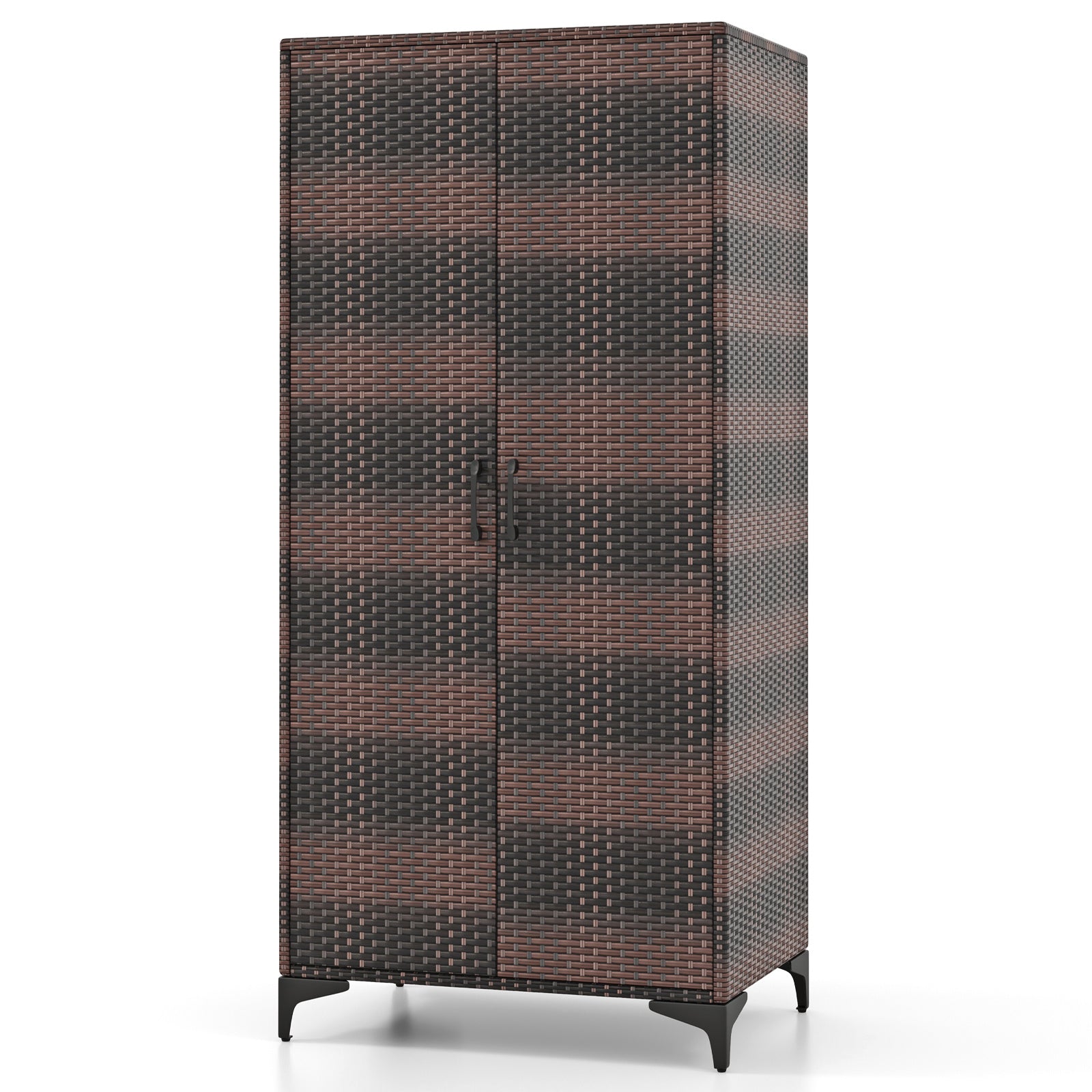 GYMAX 62" Black Wicker Wardrobe with 2 Doors, PE Rattan Armoire Closet on Sturdy Metal Frame - Includes Hanging Rod & 4 Storage Cubes, Ideal for Bedroom, Patio, Garage - Elegant, Durable & Versatile Organizer, Portable Closet