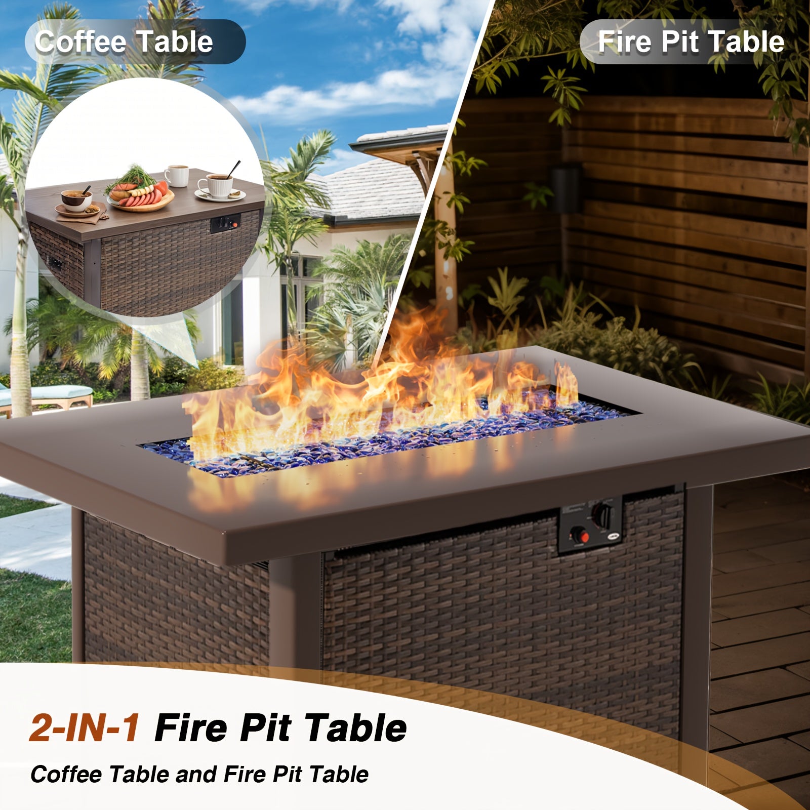 15pcs Patio Furniture Sectional Sofa 50000 BTU Propane Gas Fire Pit Table, Outdoor PE Rattan Patio Conversation Set with Glass Coffee Tables And Cushions for Garden, Poolside, Backyard, Patio Table And Chair Set, Outdoor Pati